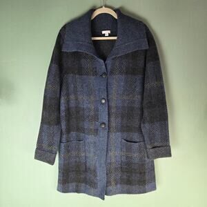 J. Jill Womens Dark Blue Multi Plaid Shawl Collar Button Cardigan Sweater Jacket